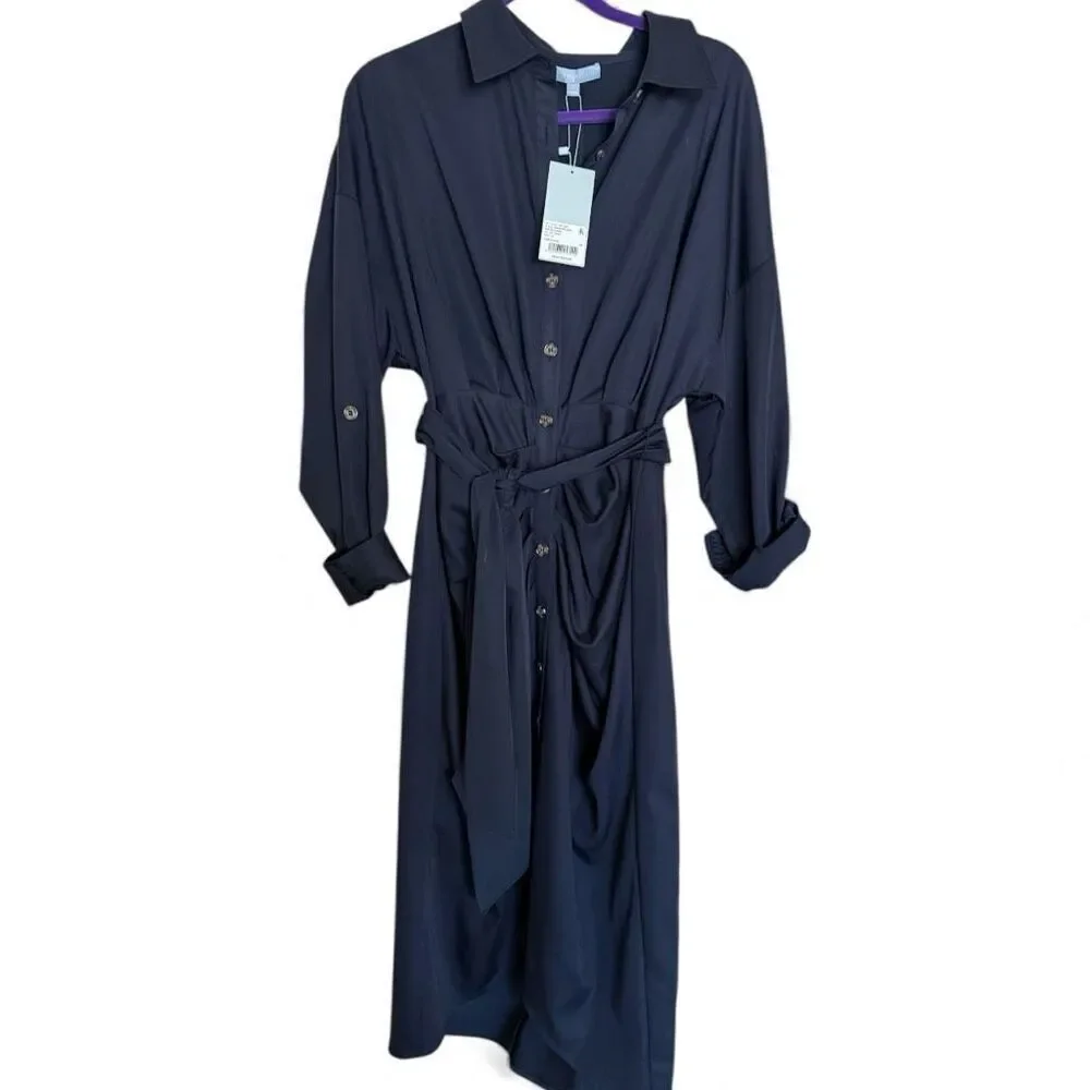 Antonio Melani Roxanne Pleated Tie Dress Buttondown Navy